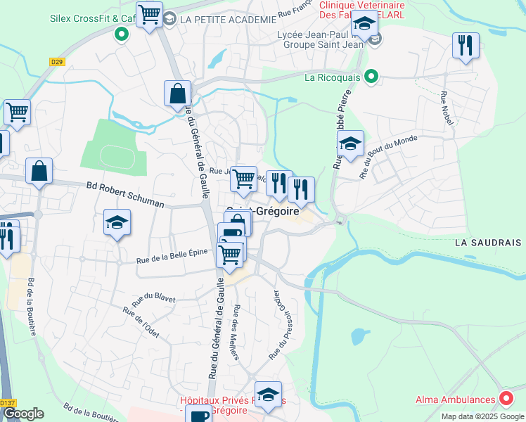 map of restaurants, bars, coffee shops, grocery stores, and more near in Saint-Grégoire