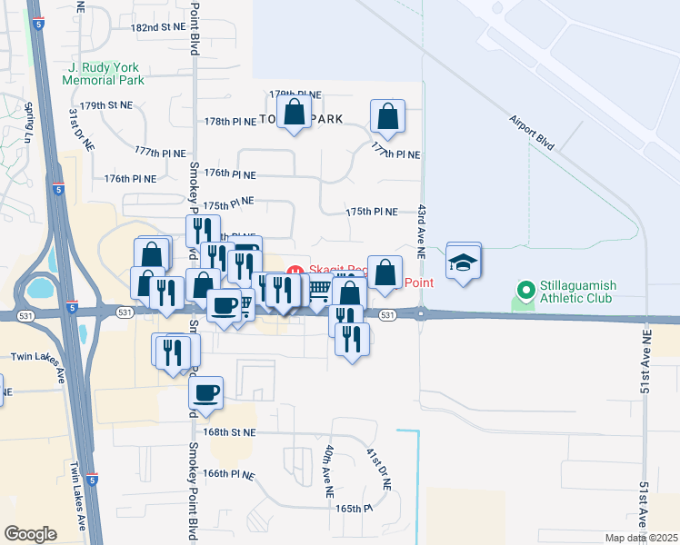 map of restaurants, bars, coffee shops, grocery stores, and more near 3905 172nd Street Northeast in Arlington