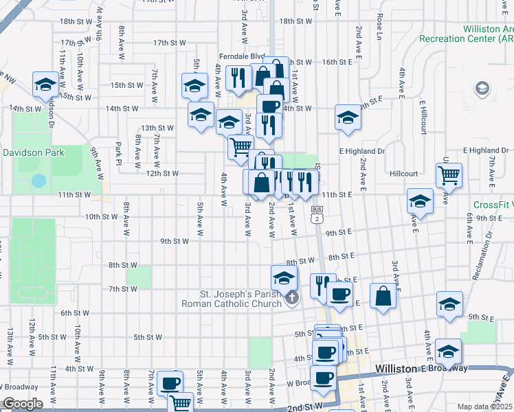 map of restaurants, bars, coffee shops, grocery stores, and more near 1021 2nd Ave W in Williston