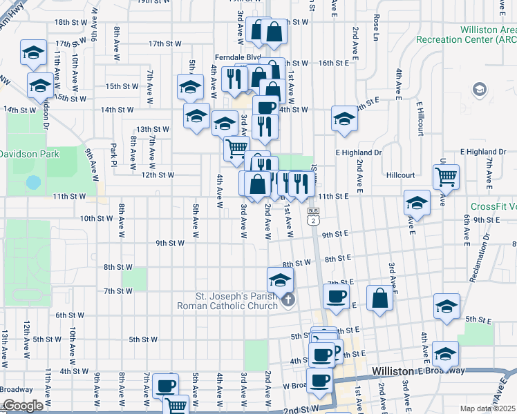 map of restaurants, bars, coffee shops, grocery stores, and more near 1021 2nd Avenue West in Williston