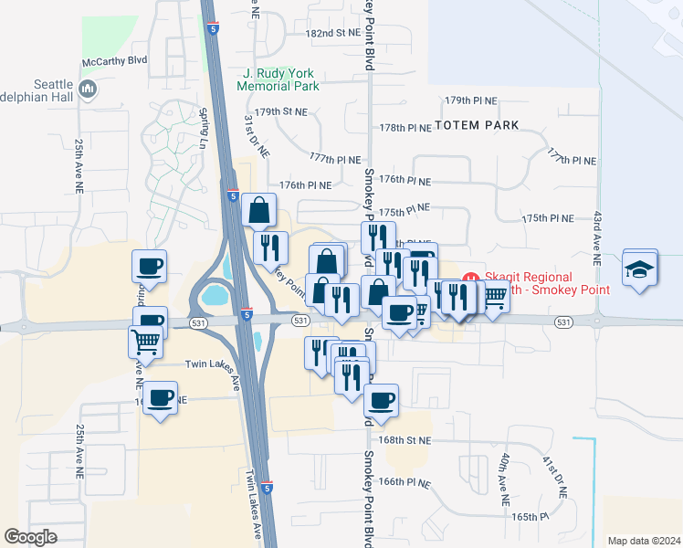 map of restaurants, bars, coffee shops, grocery stores, and more near 3326 Smokey Point Drive in Arlington