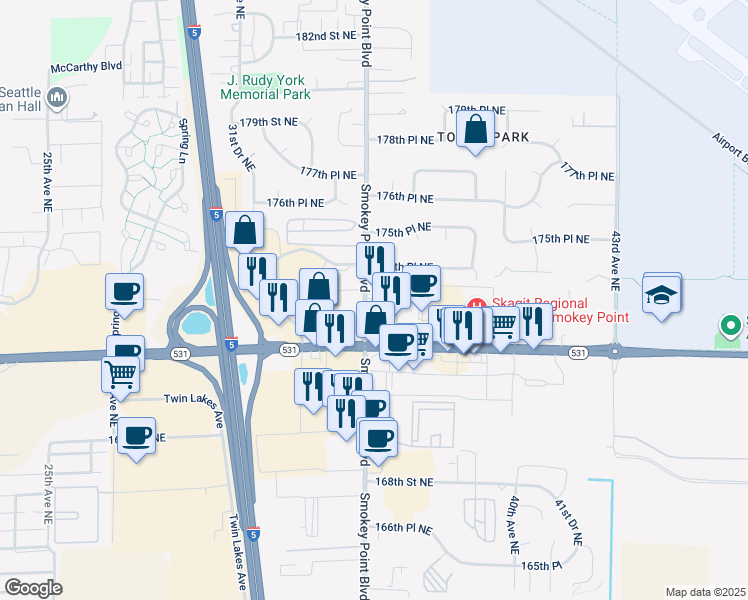 map of restaurants, bars, coffee shops, grocery stores, and more near 17403 Smokey Point Boulevard in Arlington