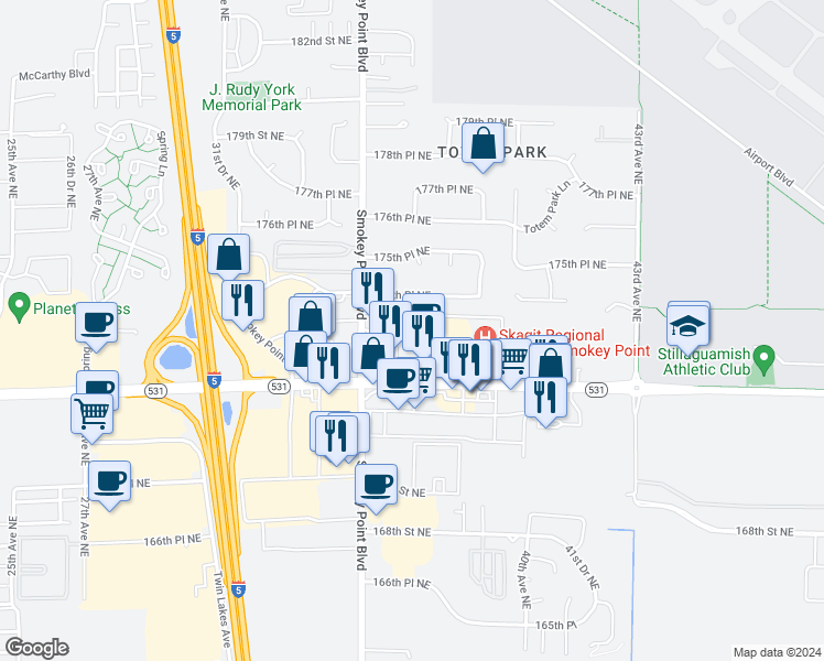 map of restaurants, bars, coffee shops, grocery stores, and more near 3616 174th Place Northeast in Arlington
