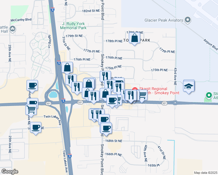 map of restaurants, bars, coffee shops, grocery stores, and more near 17403 Smokey Point Boulevard in Arlington