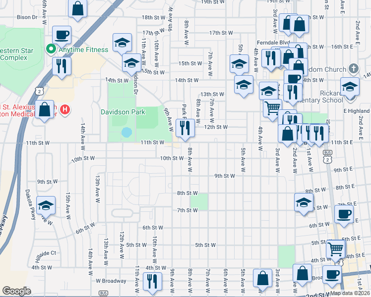 map of restaurants, bars, coffee shops, grocery stores, and more near 800-848 11th Street West in Williston