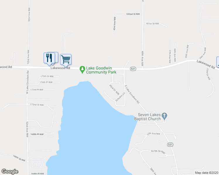 map of restaurants, bars, coffee shops, grocery stores, and more near 17400 43rd Drive Northwest in Stanwood