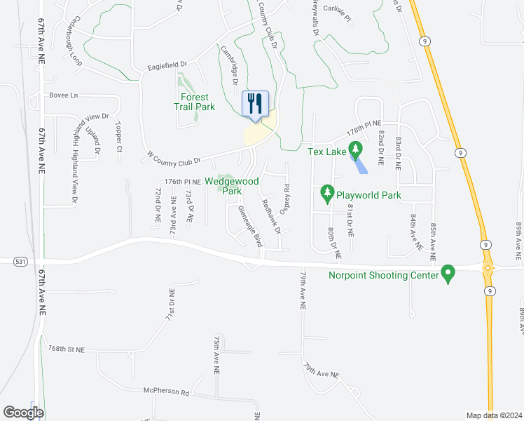 map of restaurants, bars, coffee shops, grocery stores, and more near 17406 Redhawk Drive in Arlington