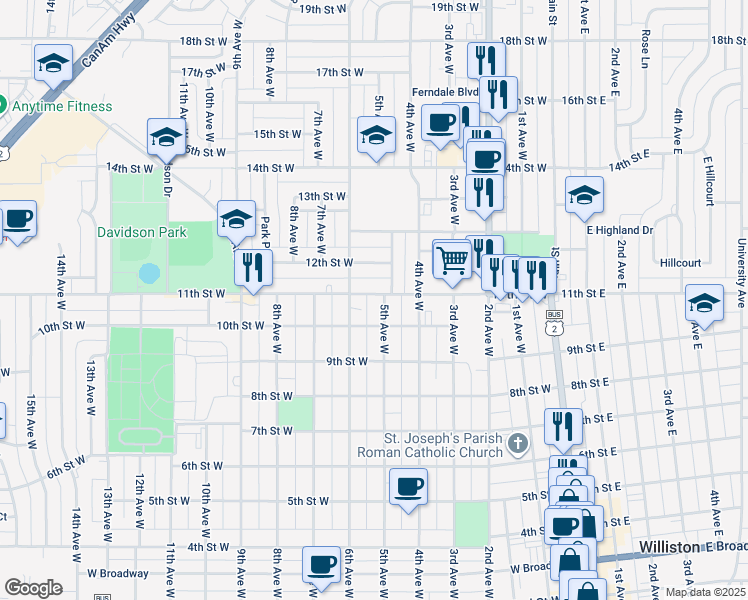 map of restaurants, bars, coffee shops, grocery stores, and more near 508-552 11th Street West in Williston