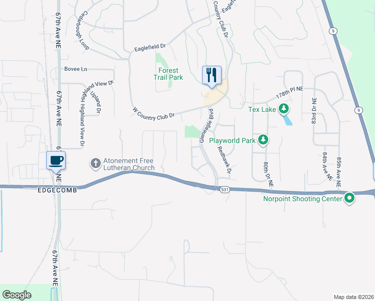 map of restaurants, bars, coffee shops, grocery stores, and more near 17431 74th Drive Northeast in Arlington