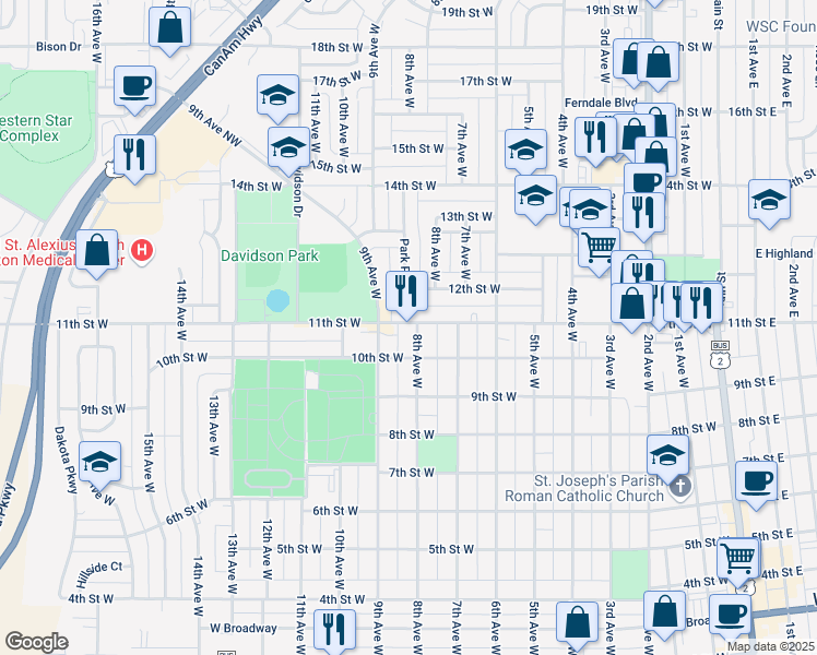 map of restaurants, bars, coffee shops, grocery stores, and more near 800 11th Street West in Williston