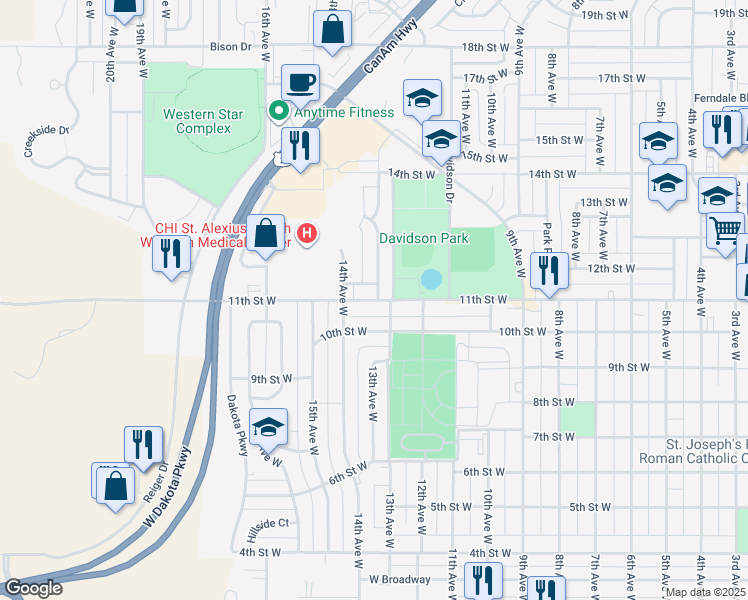 map of restaurants, bars, coffee shops, grocery stores, and more near 1106 13th Avenue West in Williston