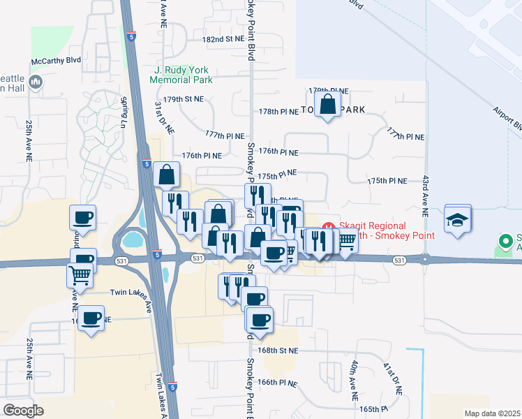map of restaurants, bars, coffee shops, grocery stores, and more near 17403 Smokey Point Boulevard in Arlington