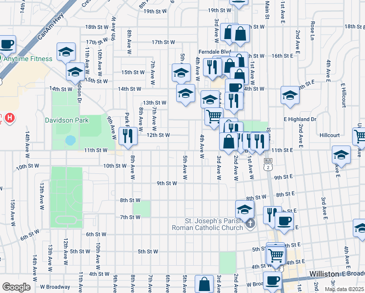 map of restaurants, bars, coffee shops, grocery stores, and more near 508 11th Street West in Williston