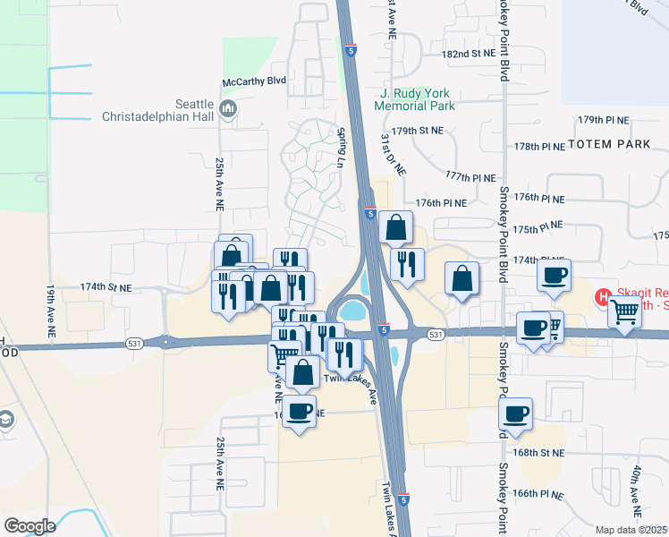 map of restaurants, bars, coffee shops, grocery stores, and more near 2901 174th Street Northeast in Marysville