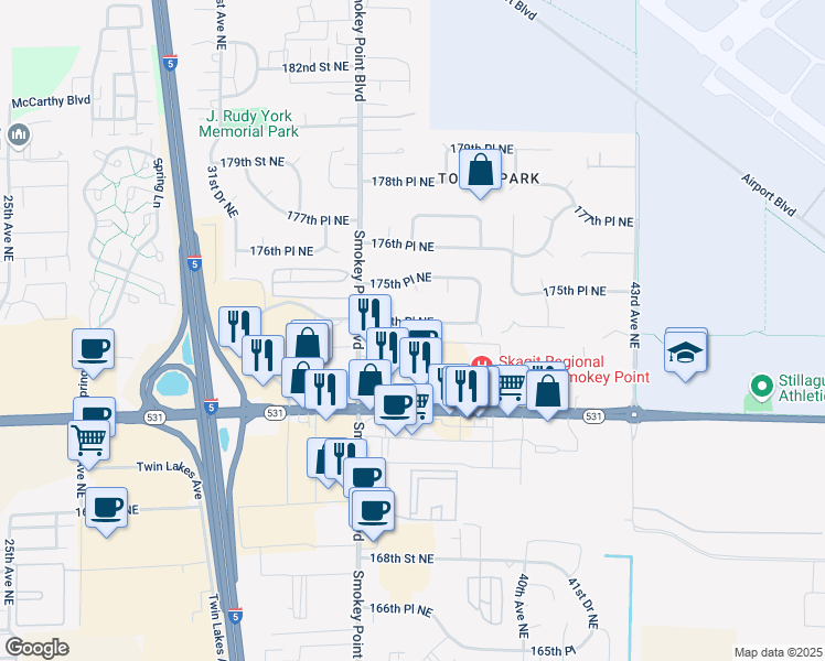 map of restaurants, bars, coffee shops, grocery stores, and more near 3616 174th Place Northeast in Arlington