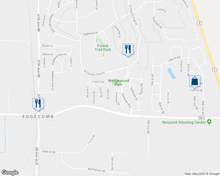 map of restaurants, bars, coffee shops, grocery stores, and more near 17431 74th Drive Northeast in Arlington