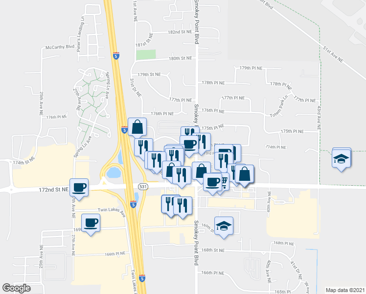 map of restaurants, bars, coffee shops, grocery stores, and more near 3326 Smokey Point Drive in Arlington