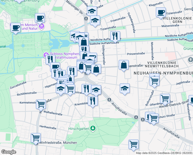 map of restaurants, bars, coffee shops, grocery stores, and more near 84 Nibelungenstraße in Munich