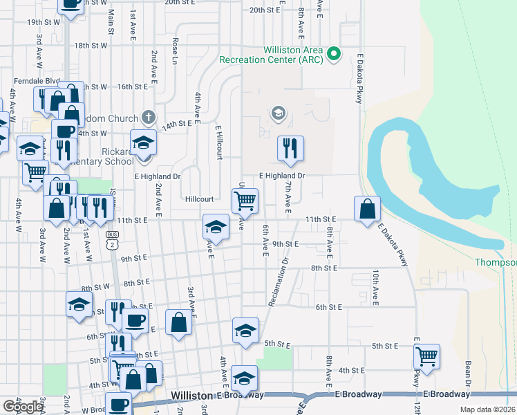 map of restaurants, bars, coffee shops, grocery stores, and more near 1105 6th Avenue East in Williston