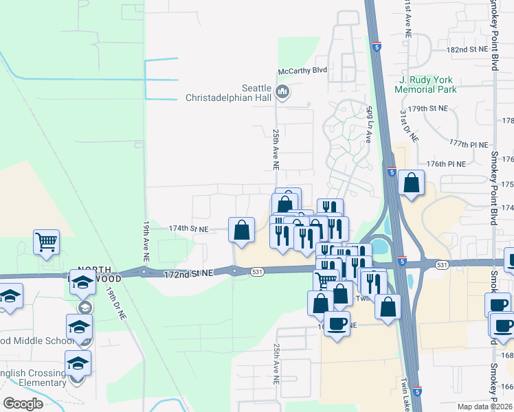 map of restaurants, bars, coffee shops, grocery stores, and more near 17500 25th Avenue Northeast in Marysville