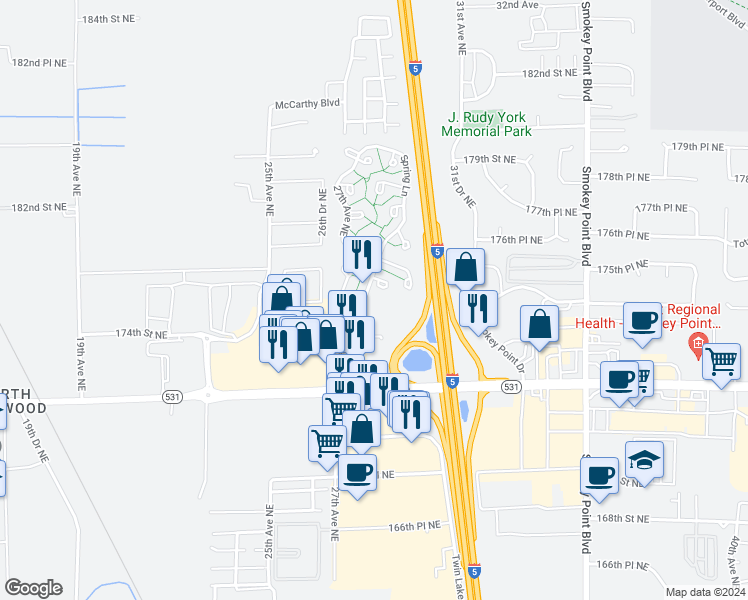 map of restaurants, bars, coffee shops, grocery stores, and more near 17505 Spring Lane Avenue in Marysville