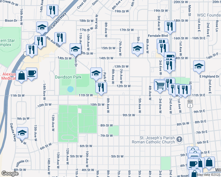 map of restaurants, bars, coffee shops, grocery stores, and more near 800-848 11th Street West in Williston