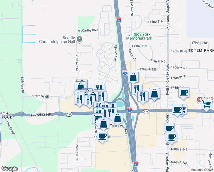 map of restaurants, bars, coffee shops, grocery stores, and more near 2901 174th Street Northeast in Marysville