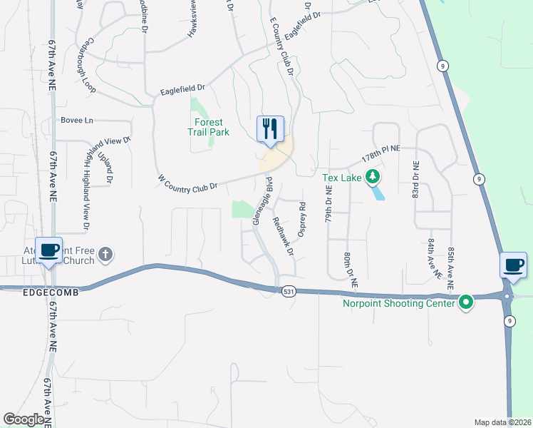 map of restaurants, bars, coffee shops, grocery stores, and more near 17514 Redhawk Drive in Arlington