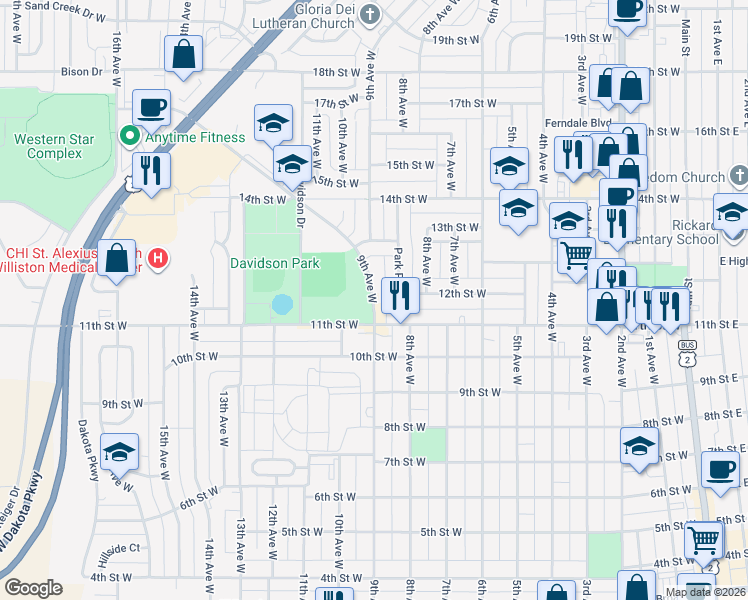 map of restaurants, bars, coffee shops, grocery stores, and more near 1200 9th Avenue West in Williston