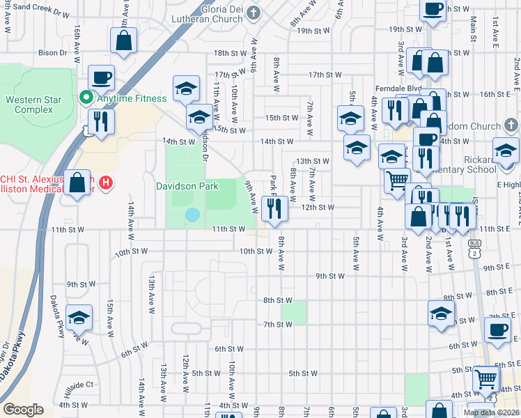 map of restaurants, bars, coffee shops, grocery stores, and more near 1200 9th Avenue West in Williston