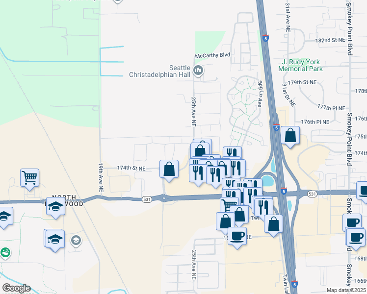 map of restaurants, bars, coffee shops, grocery stores, and more near 17500 25th Avenue Northeast in Marysville