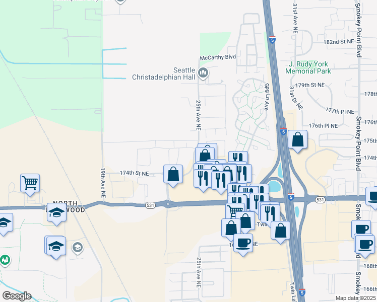 map of restaurants, bars, coffee shops, grocery stores, and more near 17500 25th Avenue Northeast in Marysville