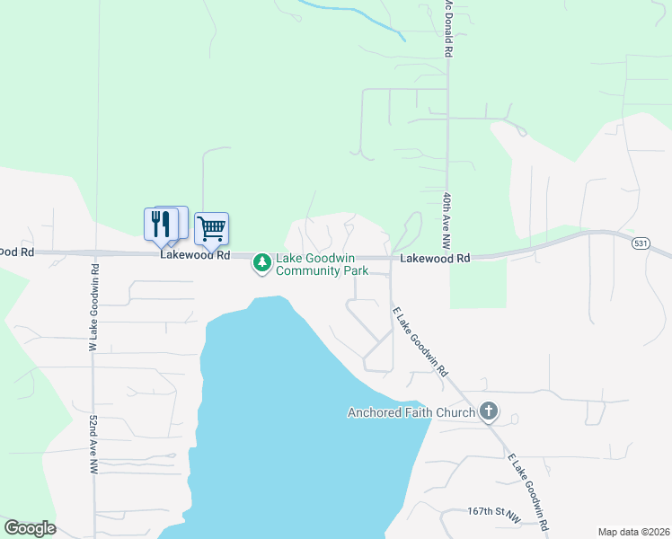 map of restaurants, bars, coffee shops, grocery stores, and more near 4323 Lakewood Road in Stanwood