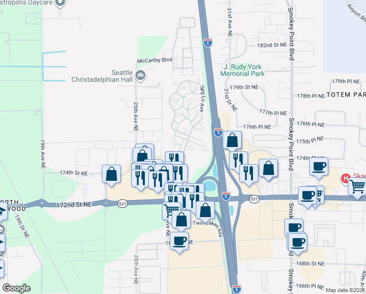 map of restaurants, bars, coffee shops, grocery stores, and more near 17514 Spring Lane Avenue in Marysville