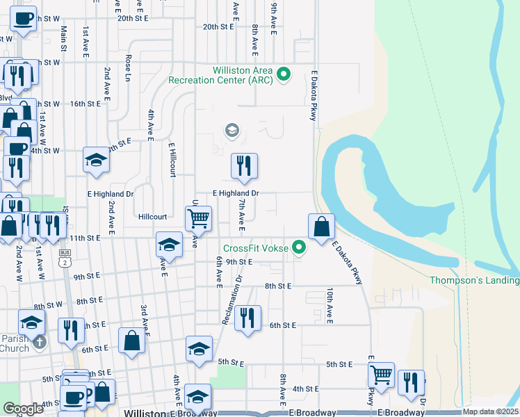 map of restaurants, bars, coffee shops, grocery stores, and more near 1218 East Ridge Court in Williston
