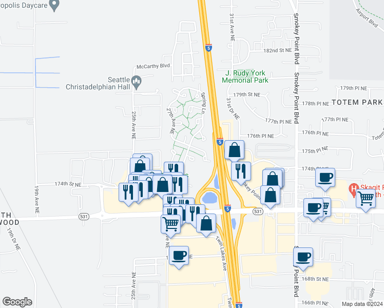 map of restaurants, bars, coffee shops, grocery stores, and more near 2811 175th Place Northeast in Marysville