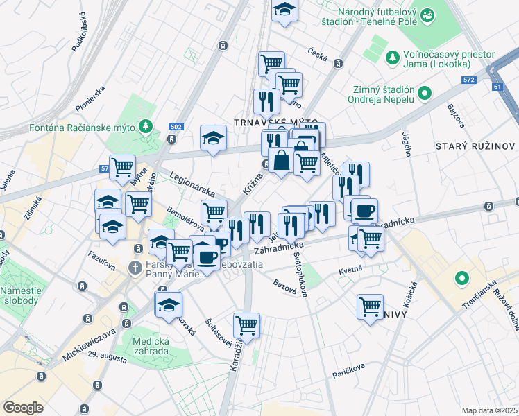 map of restaurants, bars, coffee shops, grocery stores, and more near in Bratislava