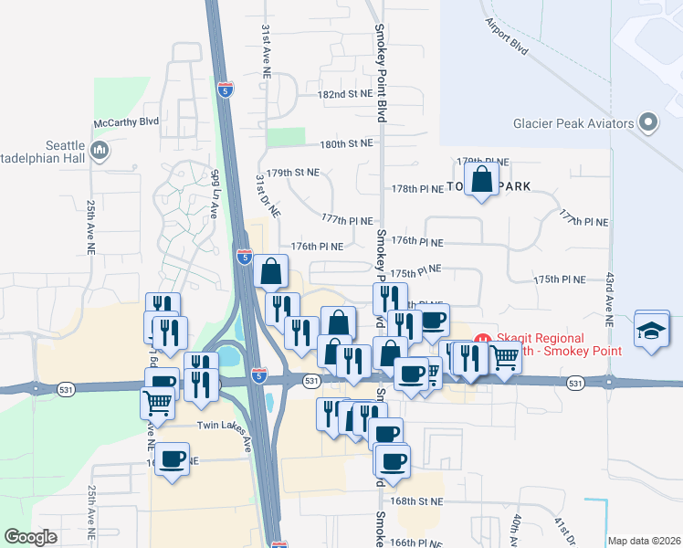 map of restaurants, bars, coffee shops, grocery stores, and more near 17532 Smokey Point Boulevard in Arlington