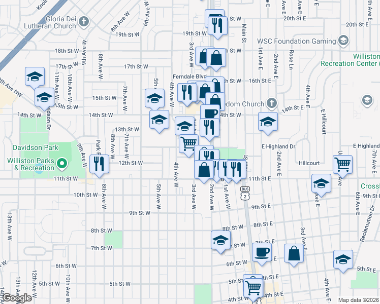 map of restaurants, bars, coffee shops, grocery stores, and more near 303 West Highland Drive in Williston