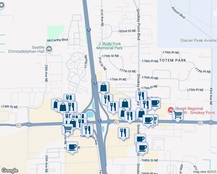 map of restaurants, bars, coffee shops, grocery stores, and more near 3207 Smokey Point Drive in Arlington