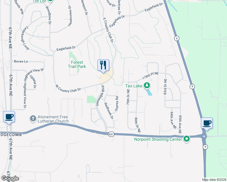 map of restaurants, bars, coffee shops, grocery stores, and more near 17621 Osprey Road in Arlington