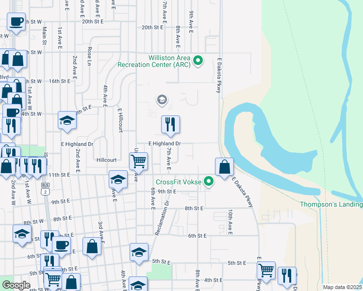 map of restaurants, bars, coffee shops, grocery stores, and more near 1218 East Ridge Court in Williston