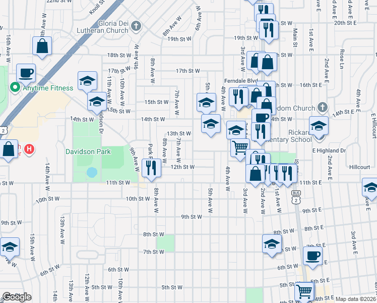 map of restaurants, bars, coffee shops, grocery stores, and more near 1211-1219 6th Avenue West in Williston