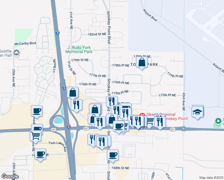map of restaurants, bars, coffee shops, grocery stores, and more near 3505 175th Place Northeast in Arlington