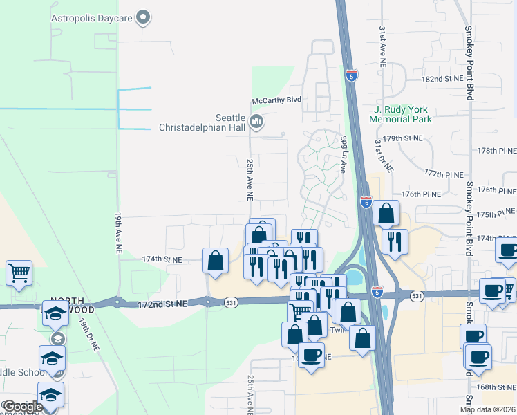 map of restaurants, bars, coffee shops, grocery stores, and more near 2520 176th Place Northeast in Marysville