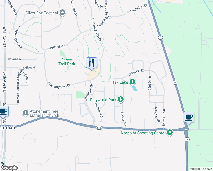 map of restaurants, bars, coffee shops, grocery stores, and more near 17621 Osprey Road in Arlington