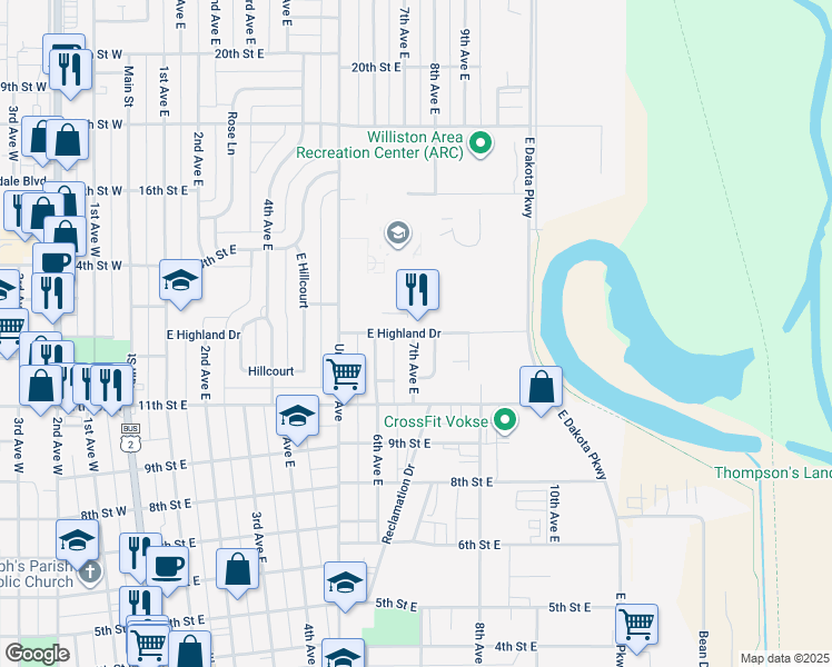 map of restaurants, bars, coffee shops, grocery stores, and more near 705 East Highland Drive in Williston