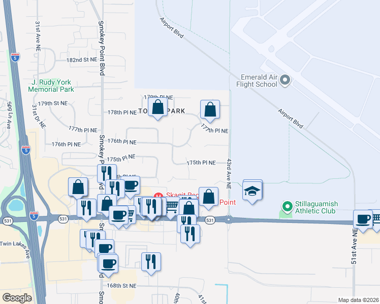 map of restaurants, bars, coffee shops, grocery stores, and more near 4029 175th Place Northeast in Arlington