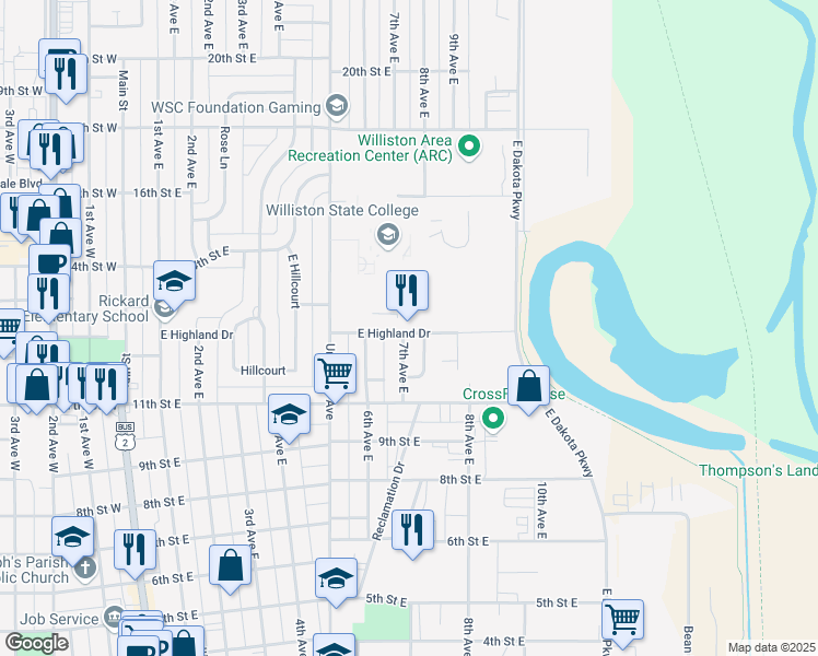 map of restaurants, bars, coffee shops, grocery stores, and more near 613 East Highland Drive in Williston
