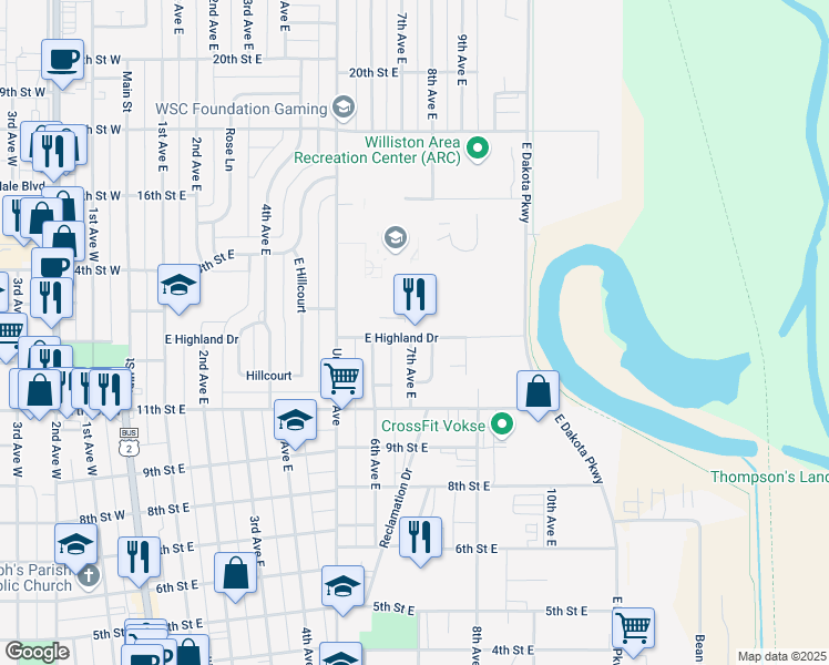 map of restaurants, bars, coffee shops, grocery stores, and more near 613 East Highland Drive in Williston
